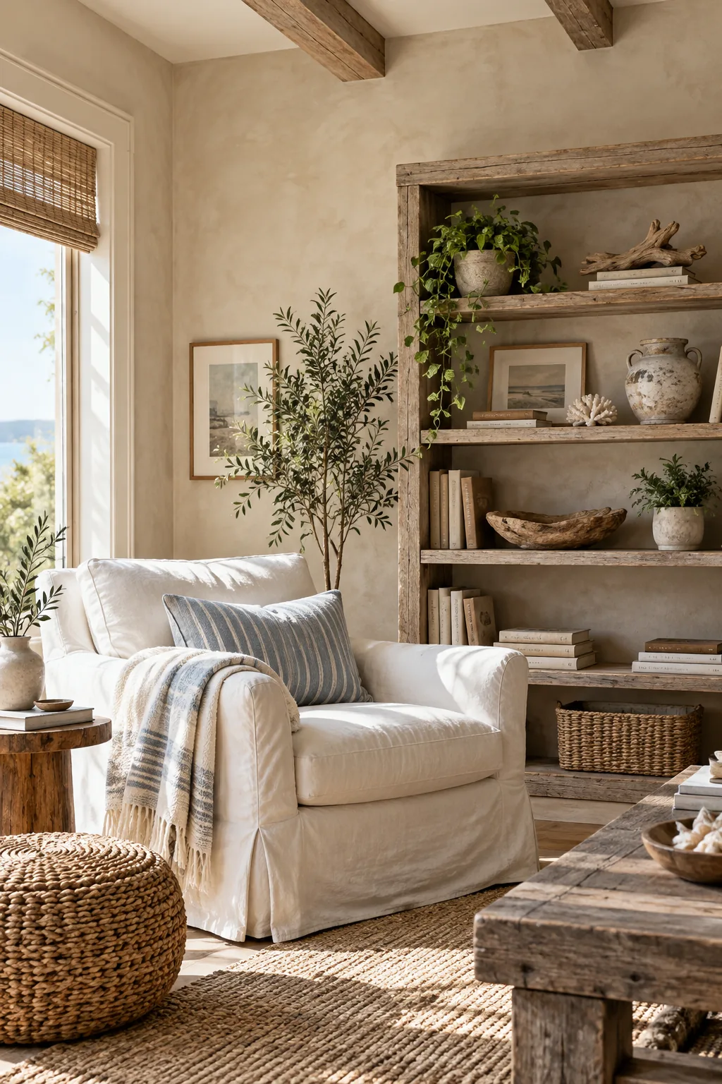 Coastal rustic living room with sandy beige limewash and driftwood-toned pine shelves.