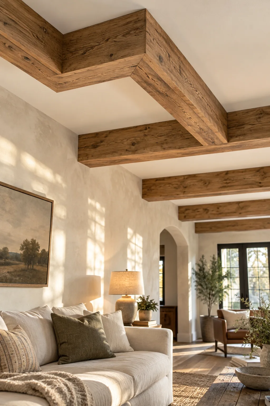 Upward view of rustic hollow wood box beams installed across a white living room ceiling.