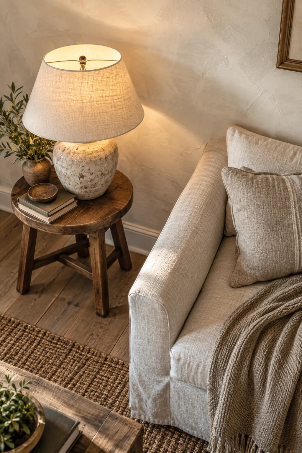 Close-up of a warm-white limewashed wall with subtle cloudy texture behind a linen sofa.
