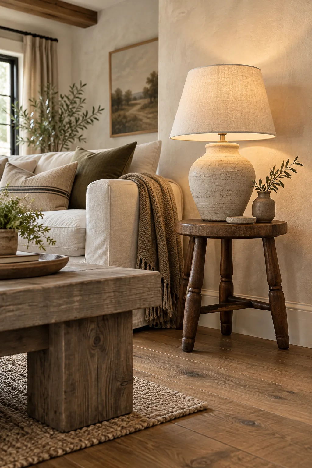 A lit ceramic table lamp on a walnut stool casting warm light against a textured wall.