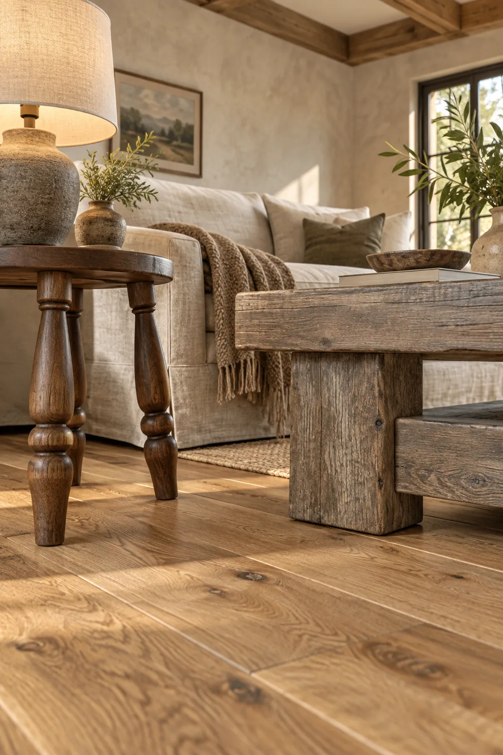 Oak floorboards, a walnut stool leg, and a pine table base grouped together.