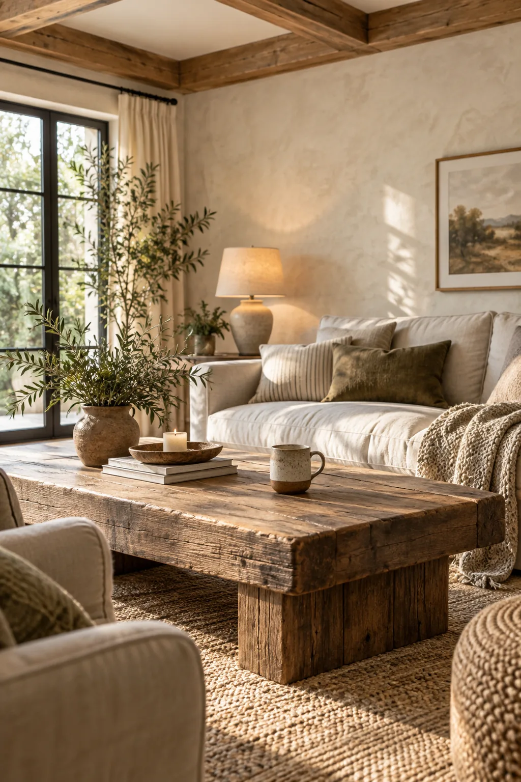 Overhead view of a chunky pine coffee table corner with softly rounded edges.