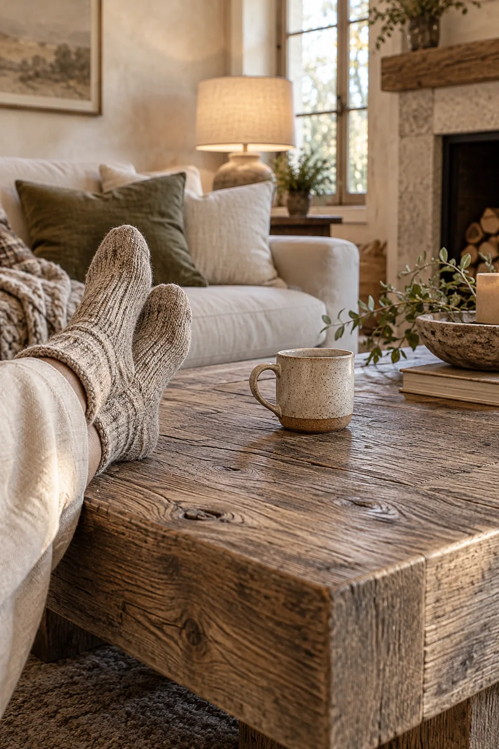 A silvery-brown aged pine coffee table surface with a ceramic mug resting on it.