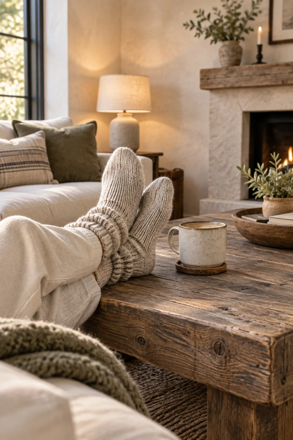 Wool-socked feet resting on a matte-finished wooden coffee table next to a mug.