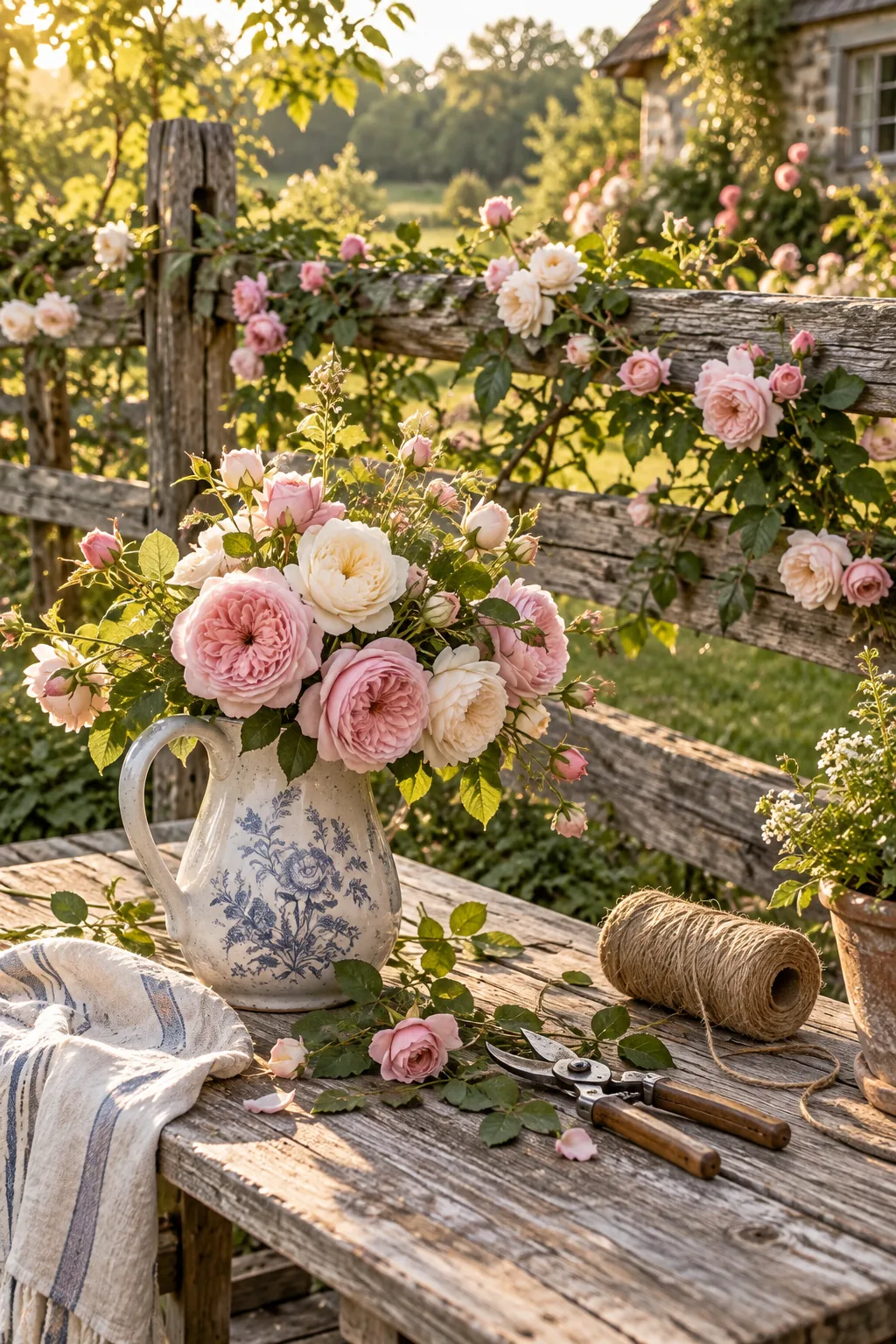 Pink climbing roses growing along a wooden split rail fence in a sunny garden.