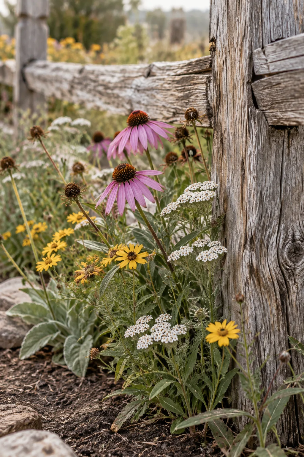 Black-eyed Susans and purple coneflowers growing naturally against a weathered split rail fence.