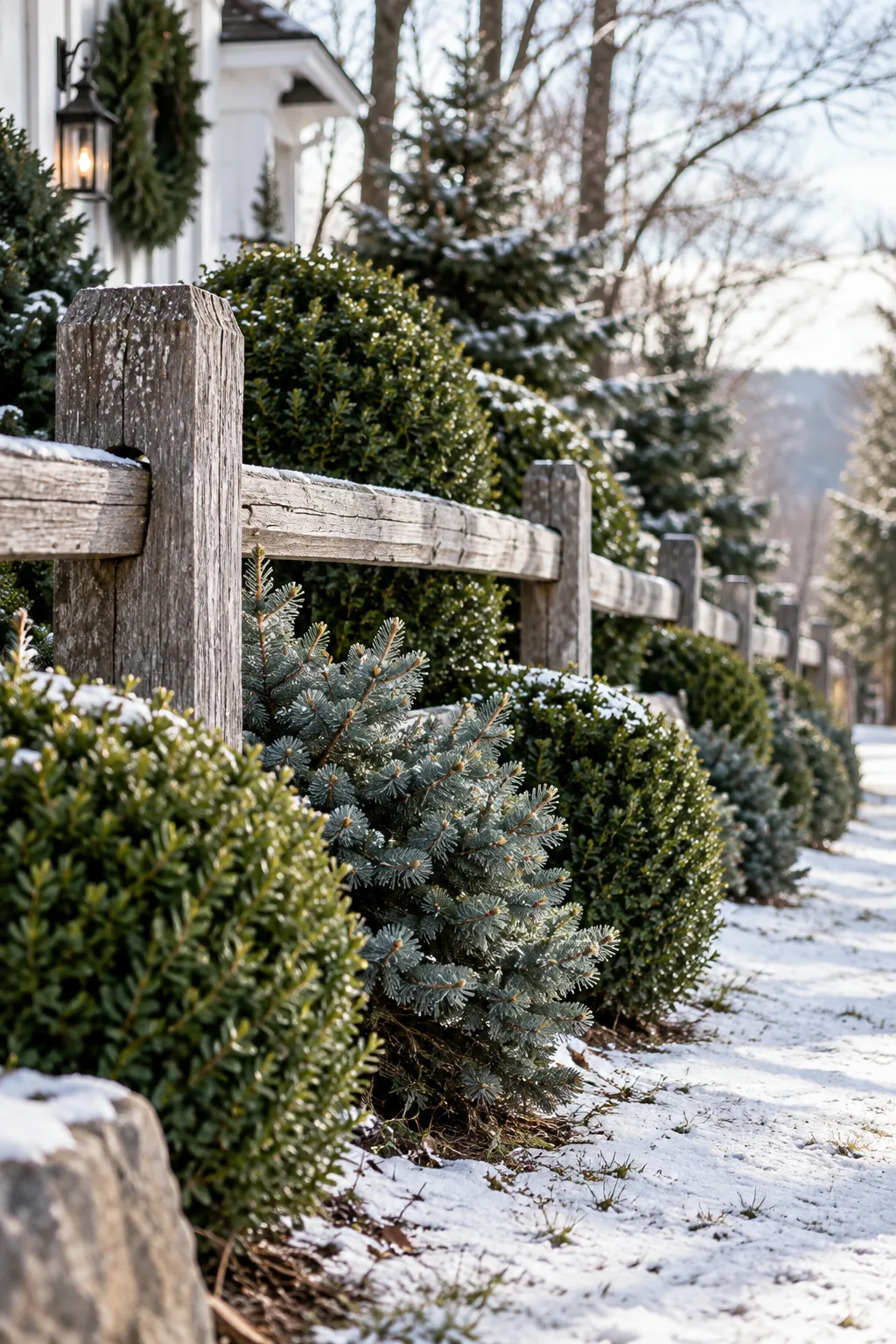 Neatly trimmed boxwood shrubs planted behind a rustic wood fence.