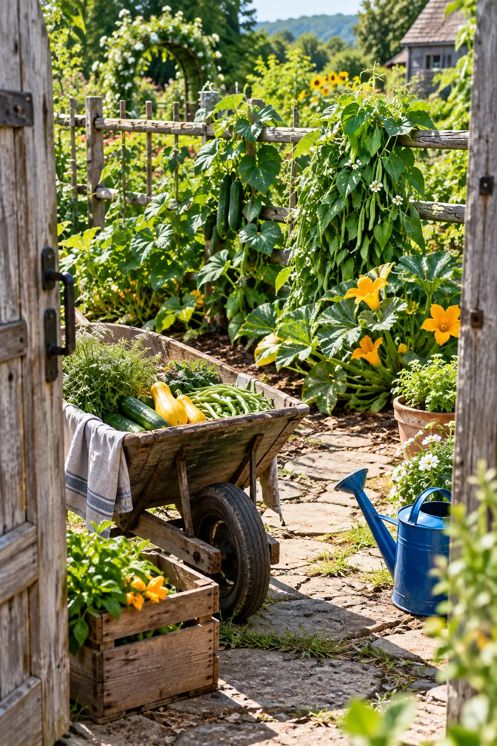 Tomato plants and pole beans tied to the top rail of a wooden fence.