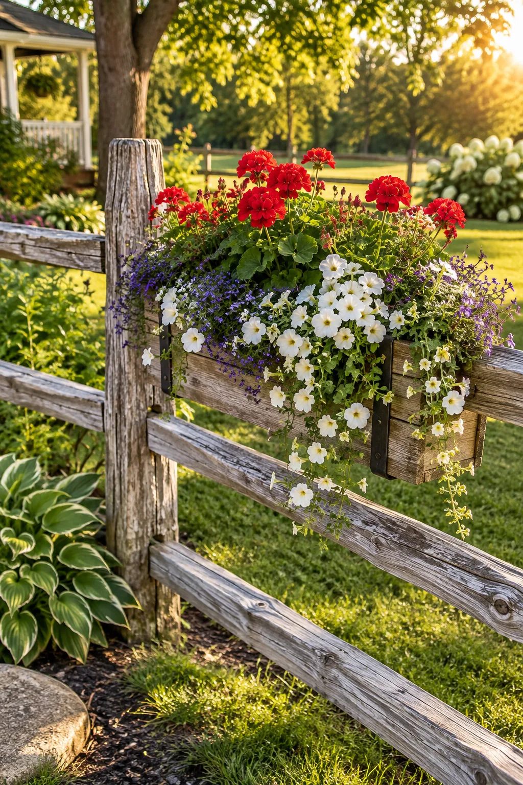 Wooden window boxes filled with bright annuals hanging from the middle rail of a fence.