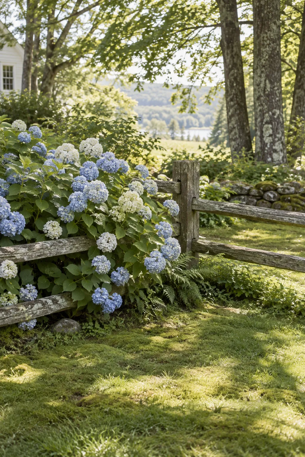 Large white hydrangea bushes blooming gracefully around a wooden fence corner post.