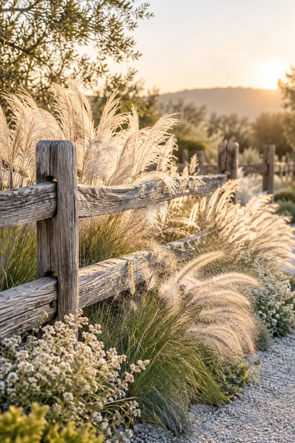 Tall maiden grass blowing in the wind next to a chunky split rail fence.