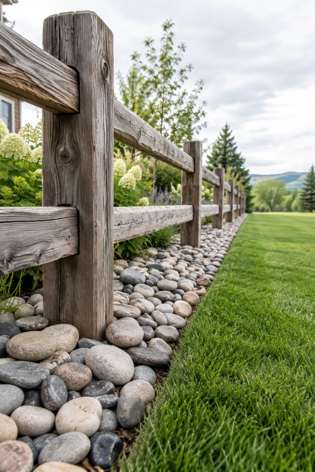 A neat border of smooth river rock laid directly underneath a wooden fence.