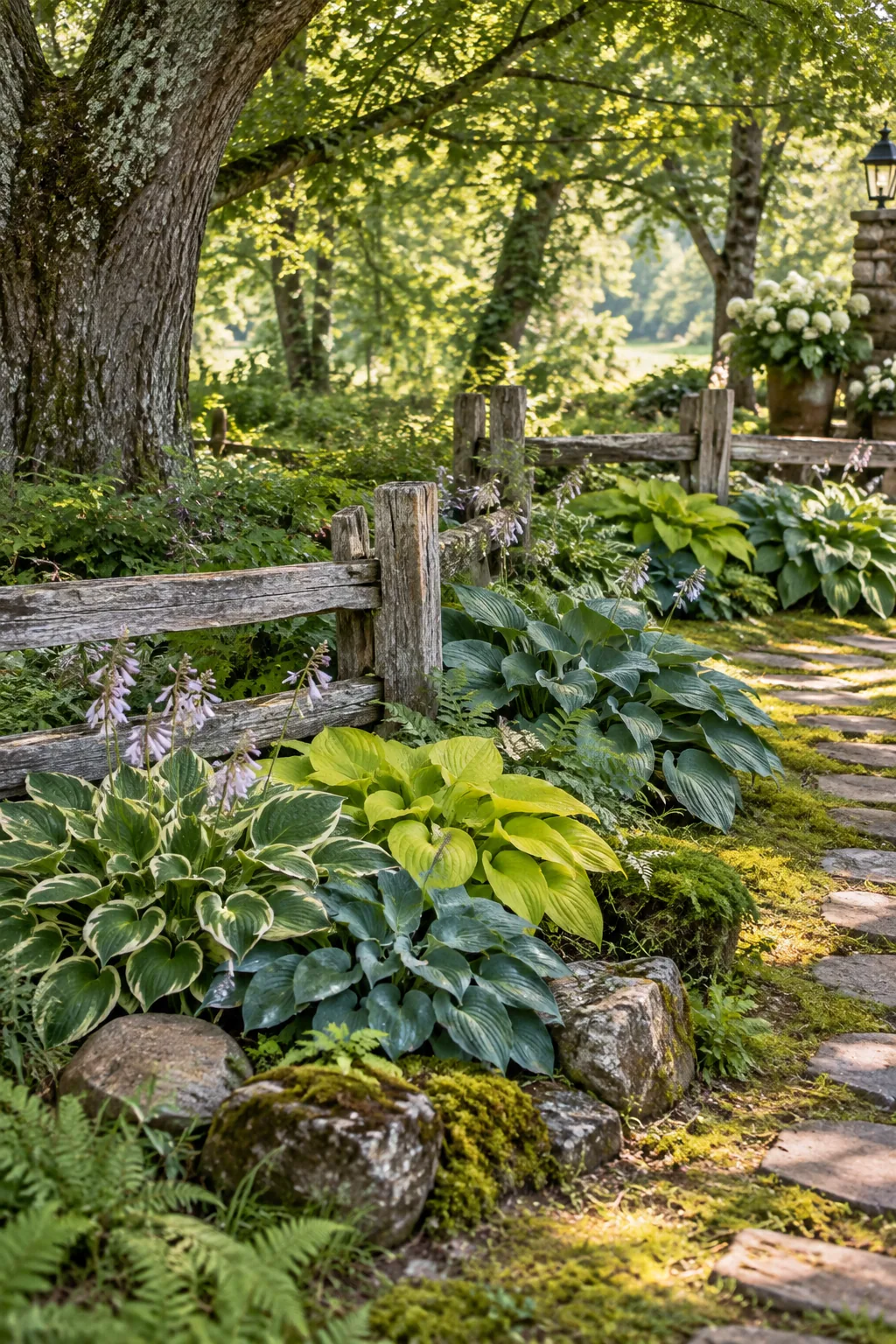 Lush green hostas growing in the protected angles of a zigzag split rail fence.
