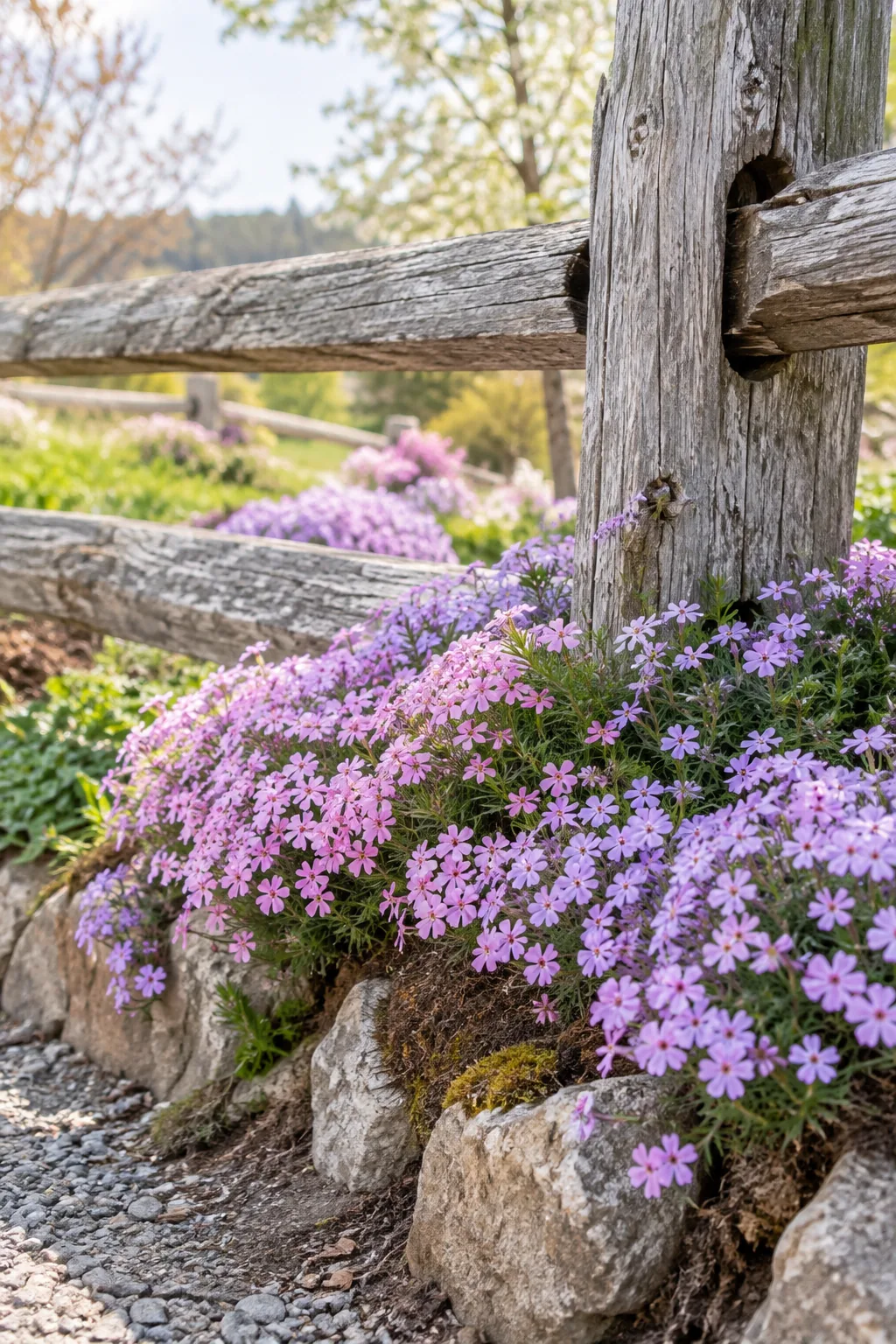 Bright pink creeping phlox cascading down a small dirt mound in front of a fence.
