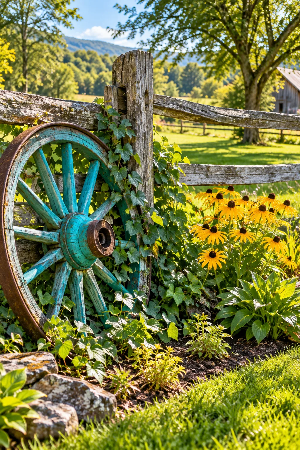 An old wooden wagon wheel leaning against a rustic fence with ivy growing nearby.