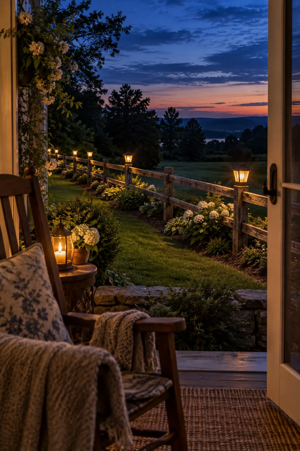 Warm white solar path lights mounted securely to wooden fence posts at dusk.