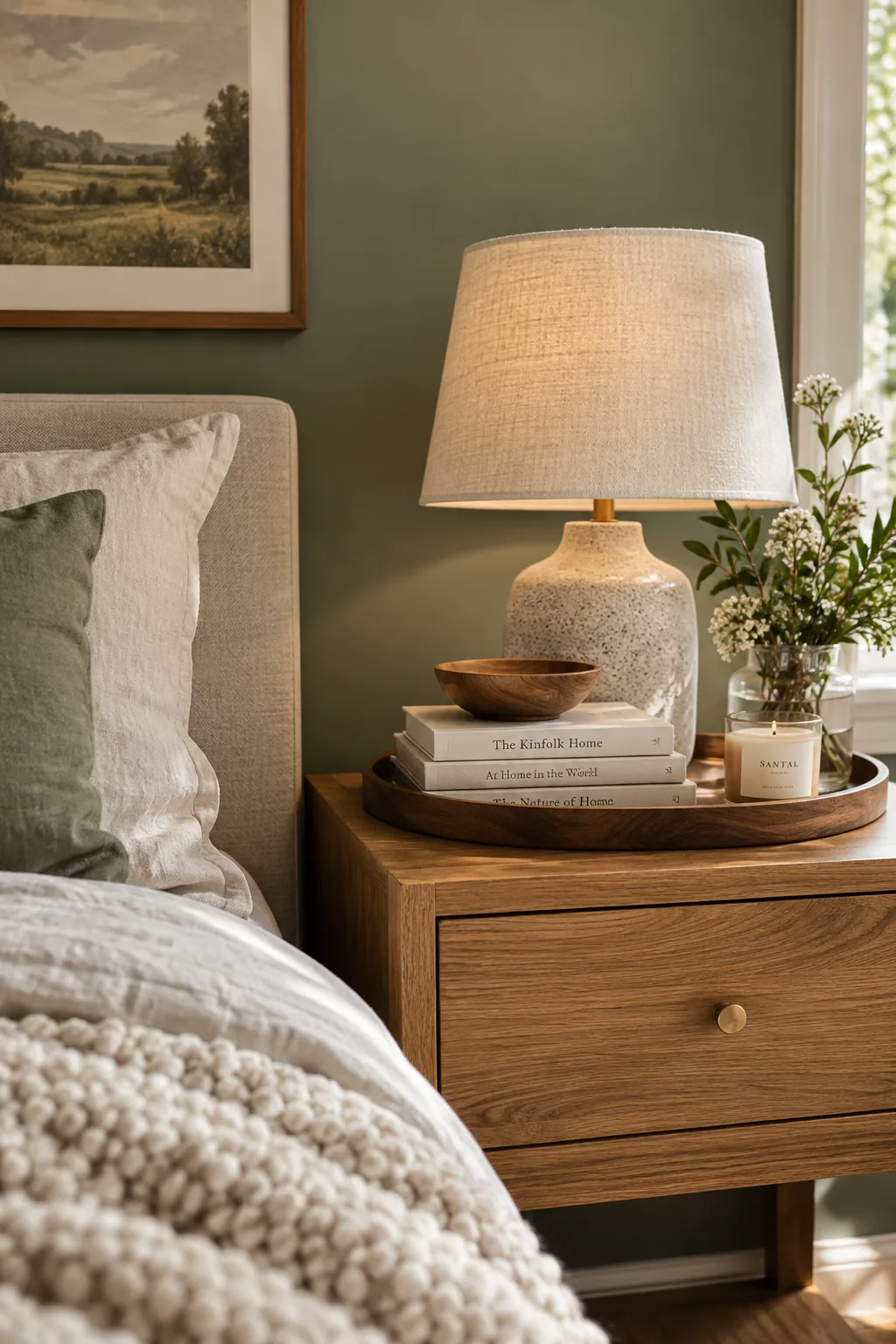 A sage green bedroom featuring a prominent oak bed frame and matching walnut nightstands