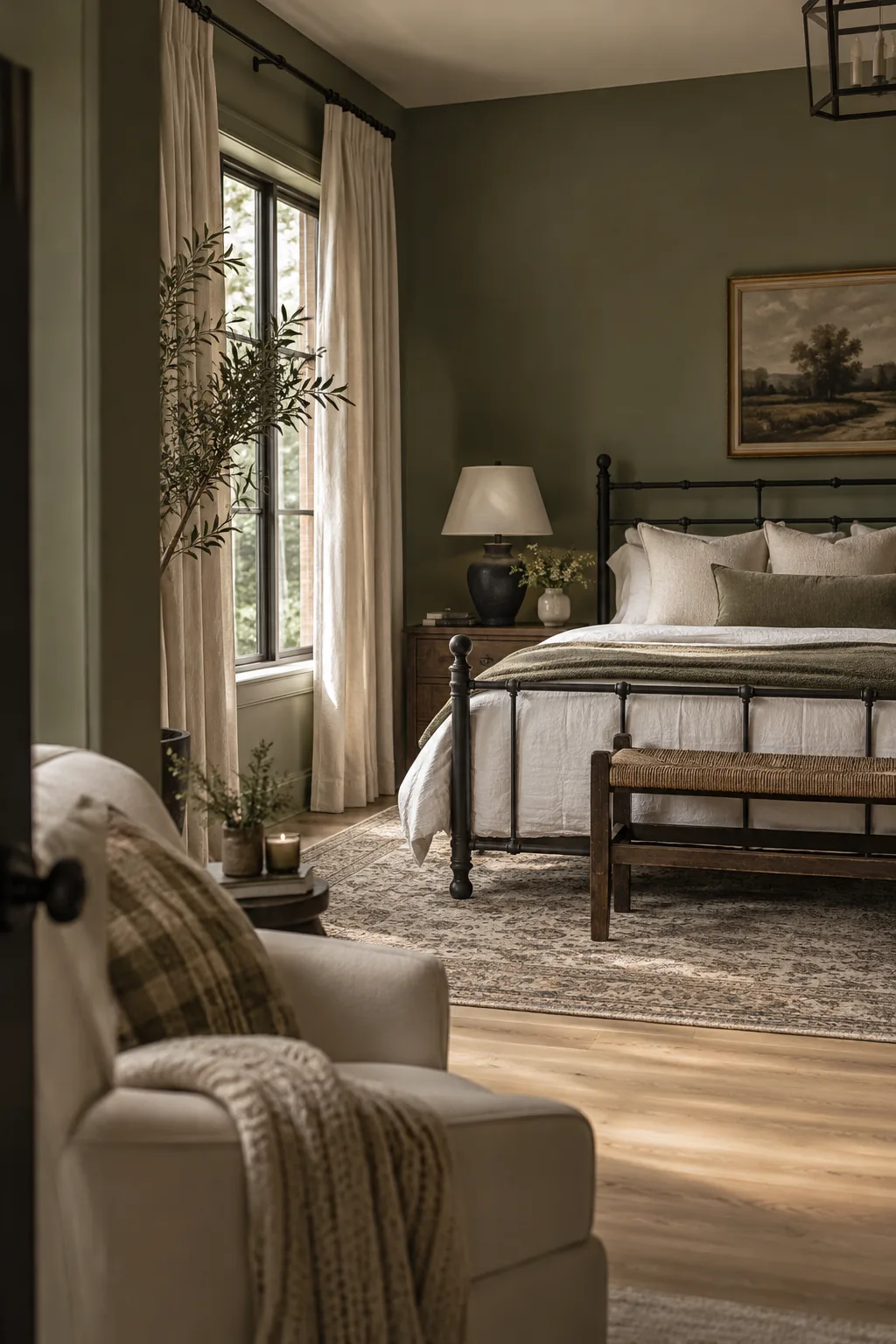 Soft sage green bedroom walls contrasted by a matte black iron bed frame and black curtain rods