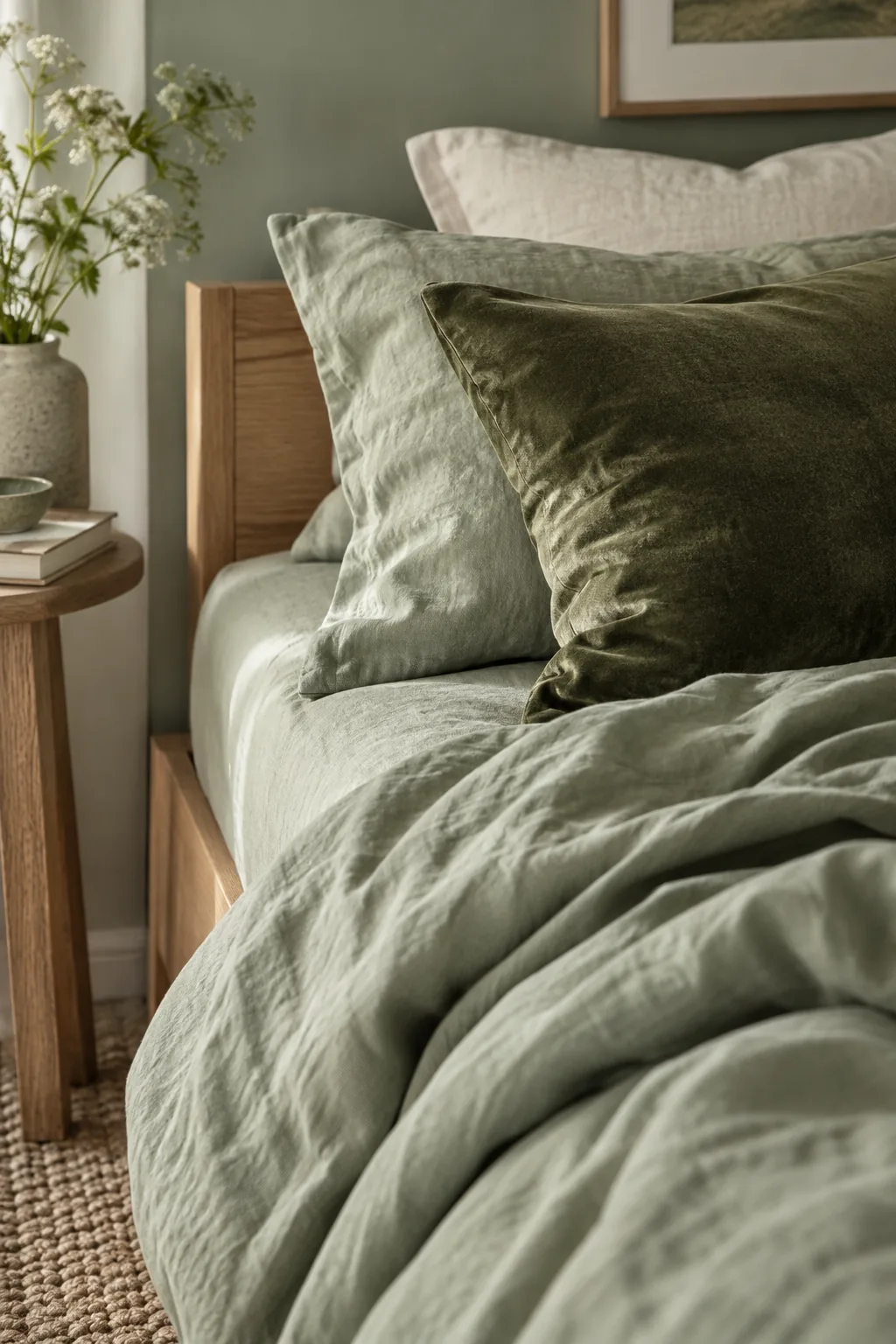 A bed styled with an olive velvet pillow, mint green sheets, and a sage duvet cover