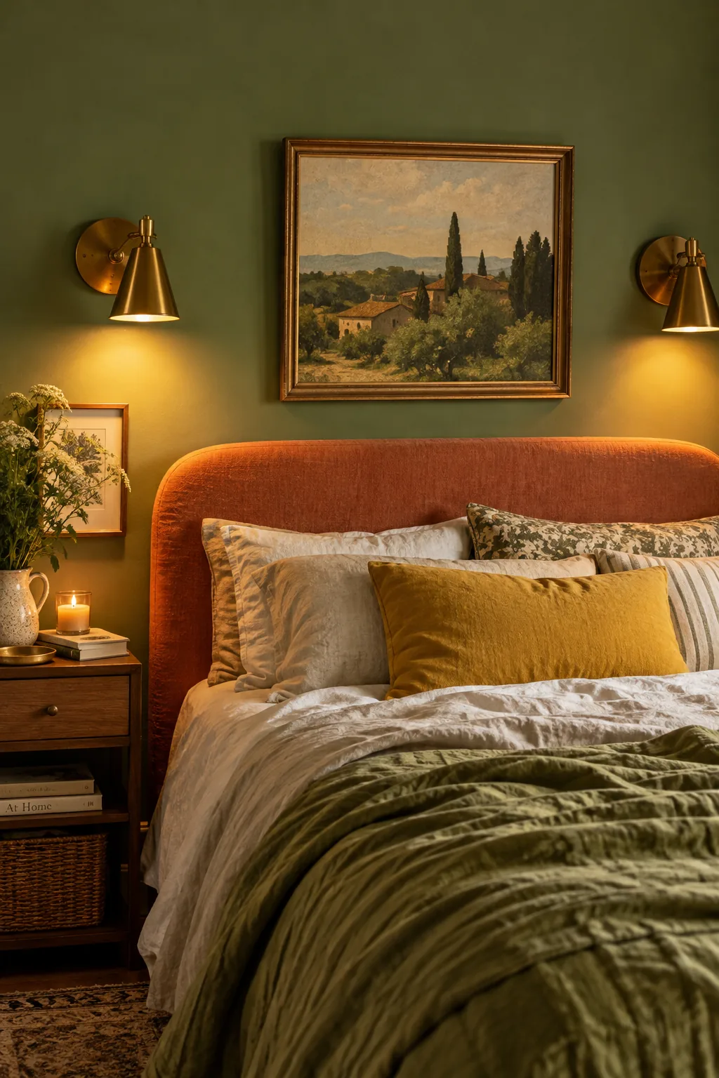 Warm brass wall sconces mounted on a sage green bedroom wall next to a bed