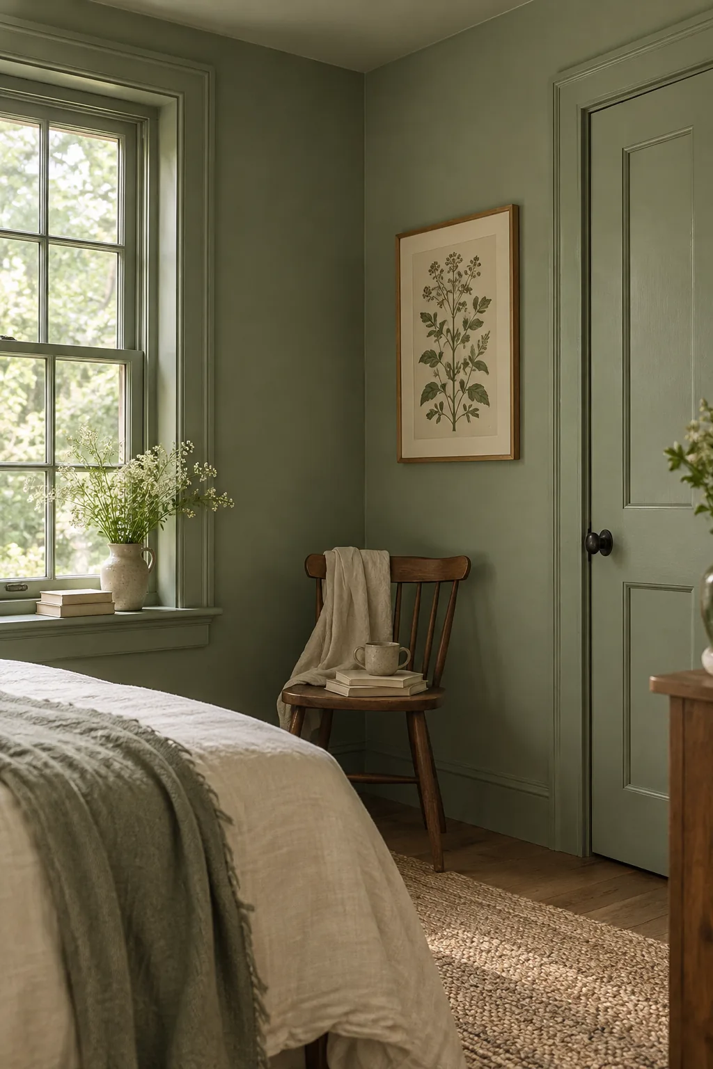 A bedroom where the walls, baseboards, and window trim are all painted in the same sage green
