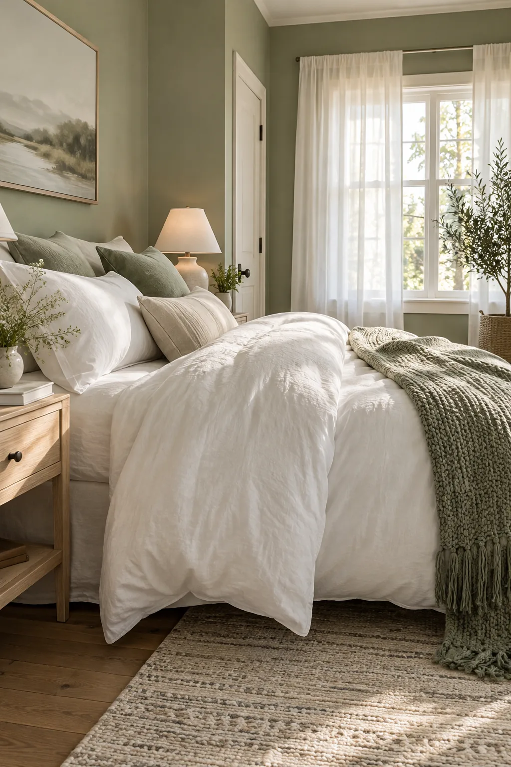 A bright white duvet cover on a bed centered in a room with sage green walls