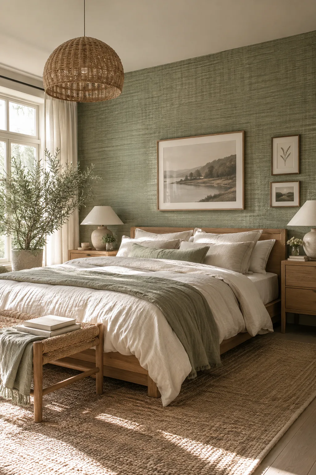 A bed set against an accent wall covered in textured sage green grasscloth wallpaper