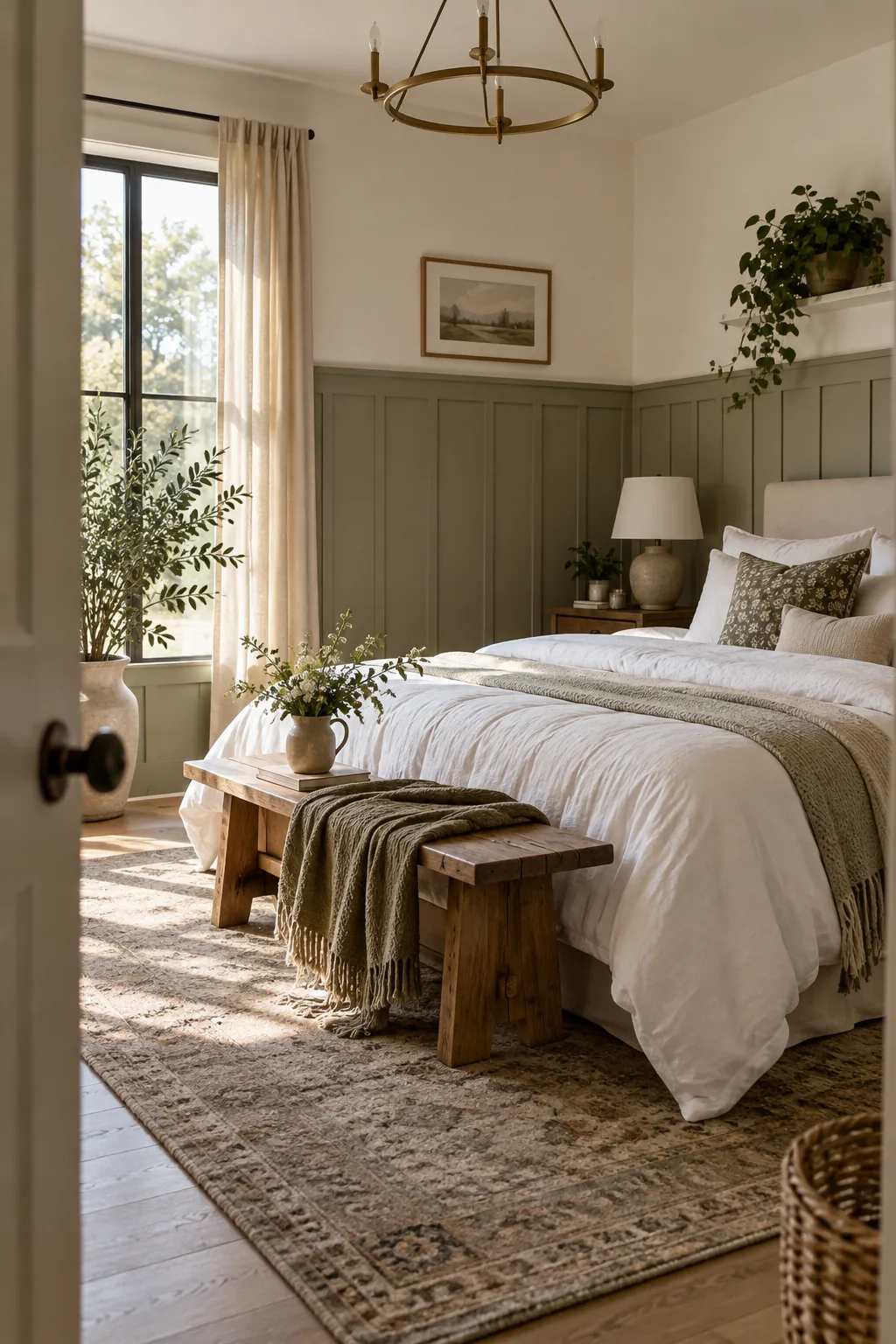 Lower half of a bedroom wall featuring sage green board and batten trim, with white paint above