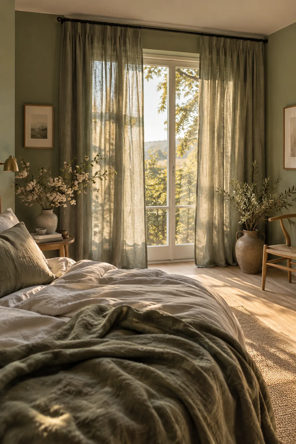 Floor-to-ceiling dusty sage linen curtains framing a large bedroom window