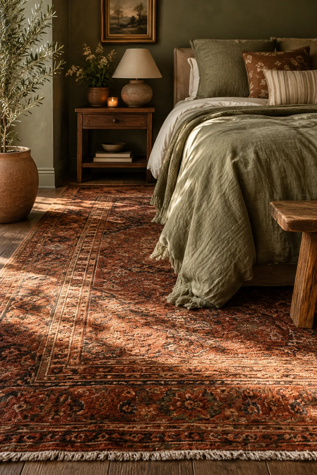 A vintage rug with deep rust and terracotta patterns placed on a hardwood floor in a sage green bedroom