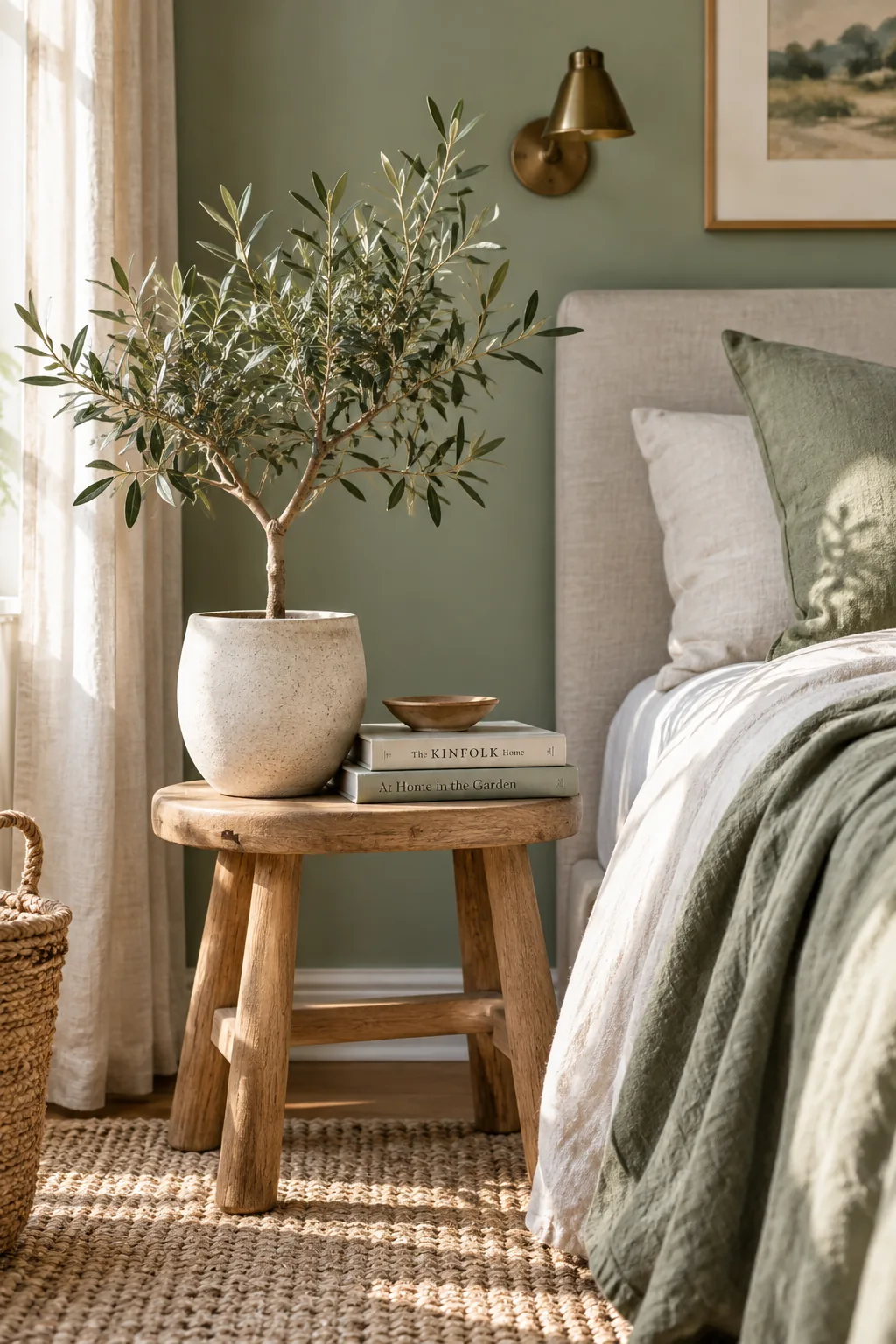 A tall potted olive tree placed in the corner of a sage green bedroom