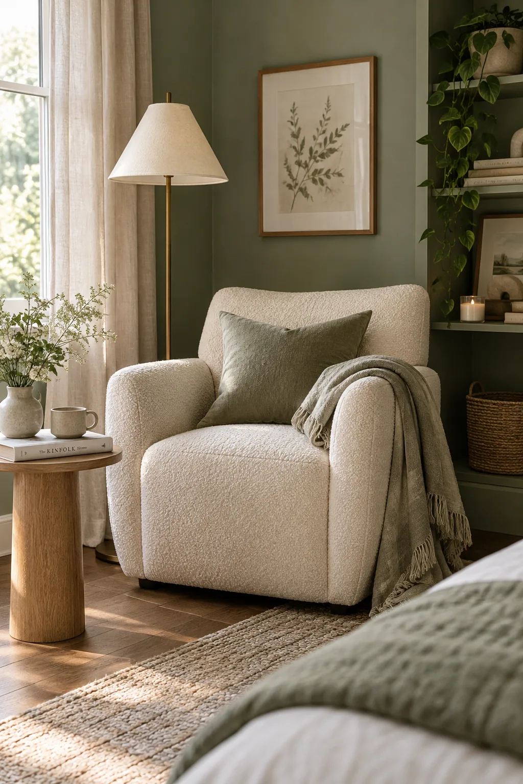 A white boucl&eacute; armchair styled with a brass floor lamp in the corner of a sage green room