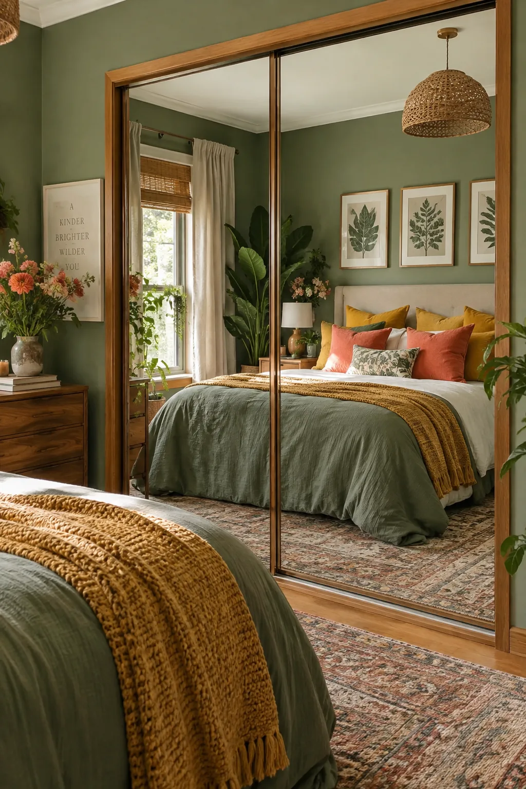 Mirrored closet doors with wood frames reflecting a sage green bedroom and natural light