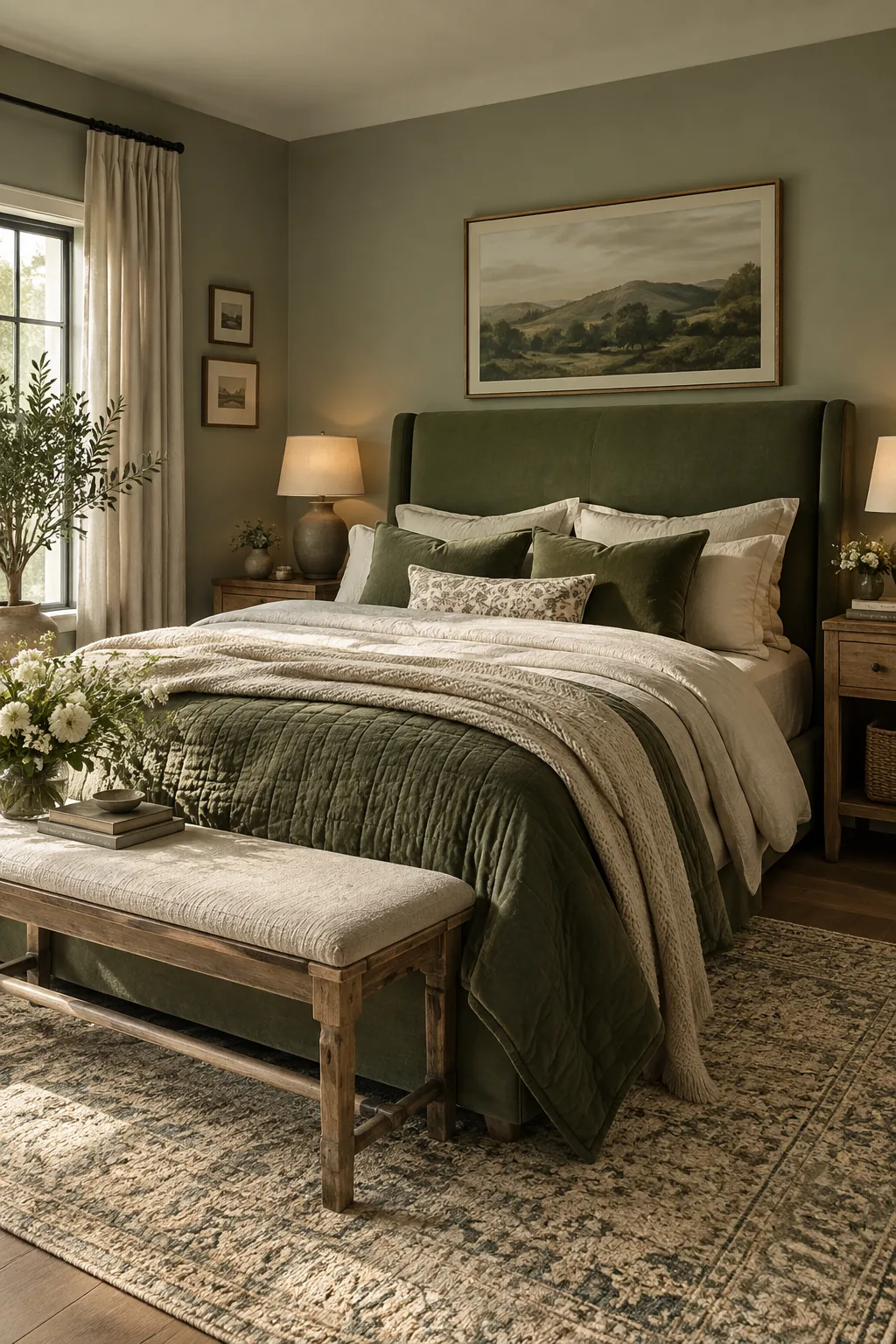 A dark moss green upholstered headboard set against pale sage green bedroom walls