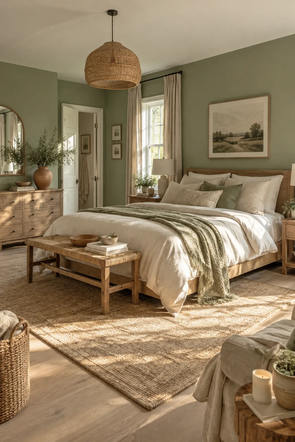Sage green living room with natural oak flooring and rattan lighting