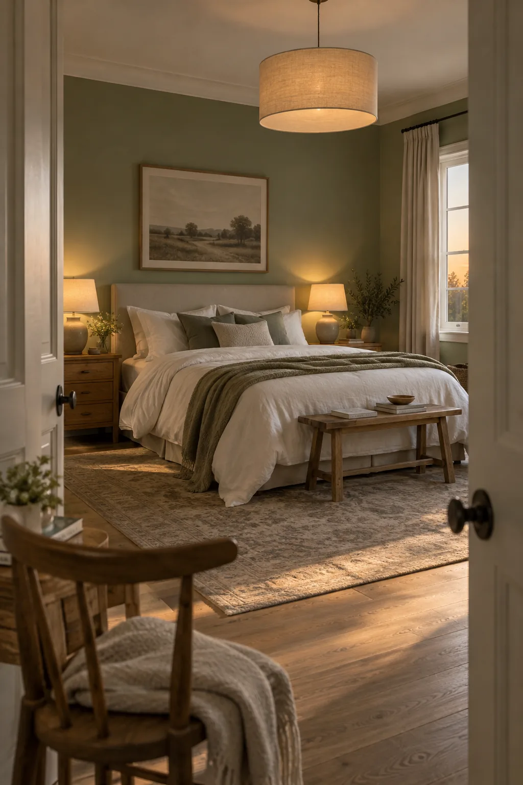 Bedroom with sage green walls and layered lighting including a linen drum shade