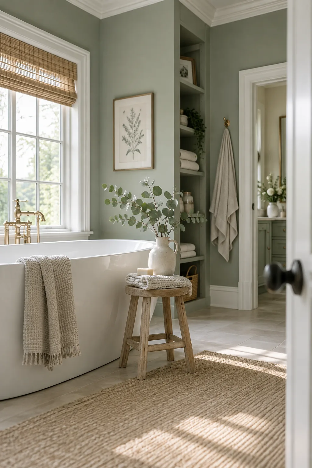 Laundry room with sage green walls and crisp white trim