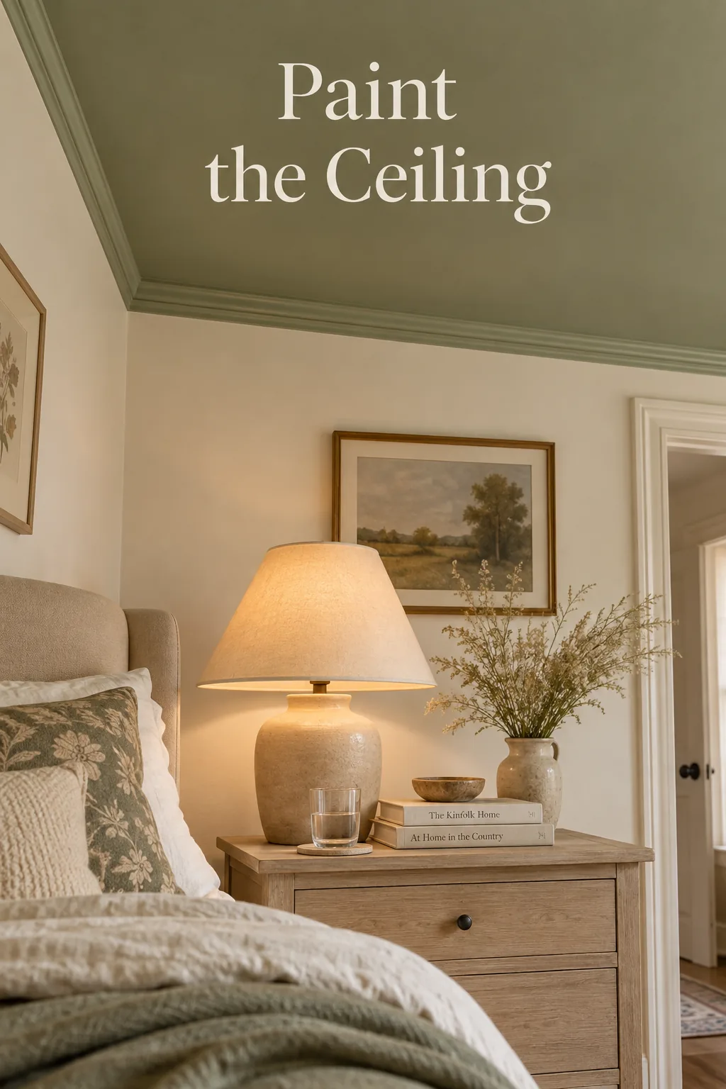 Guest room featuring a sage green painted ceiling and white walls