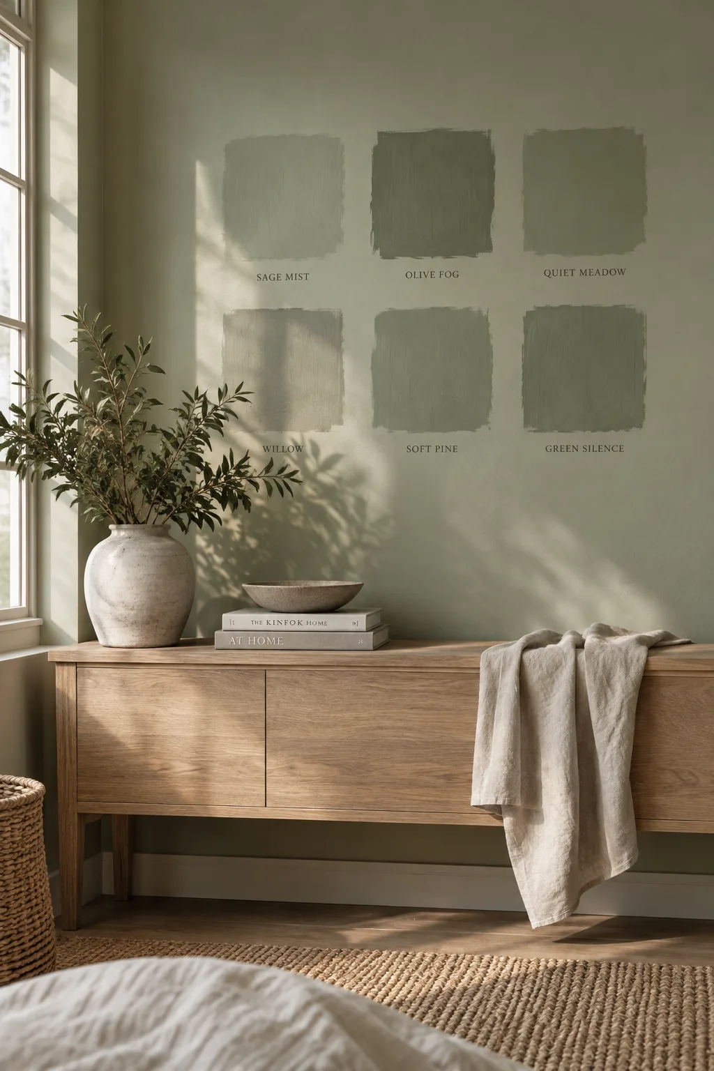 Living room showing sage green paint in natural evening light