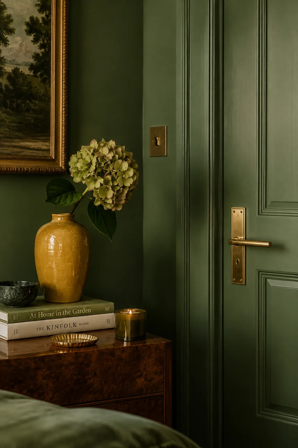 Color drenched bedroom with sage green walls, trim, and doors