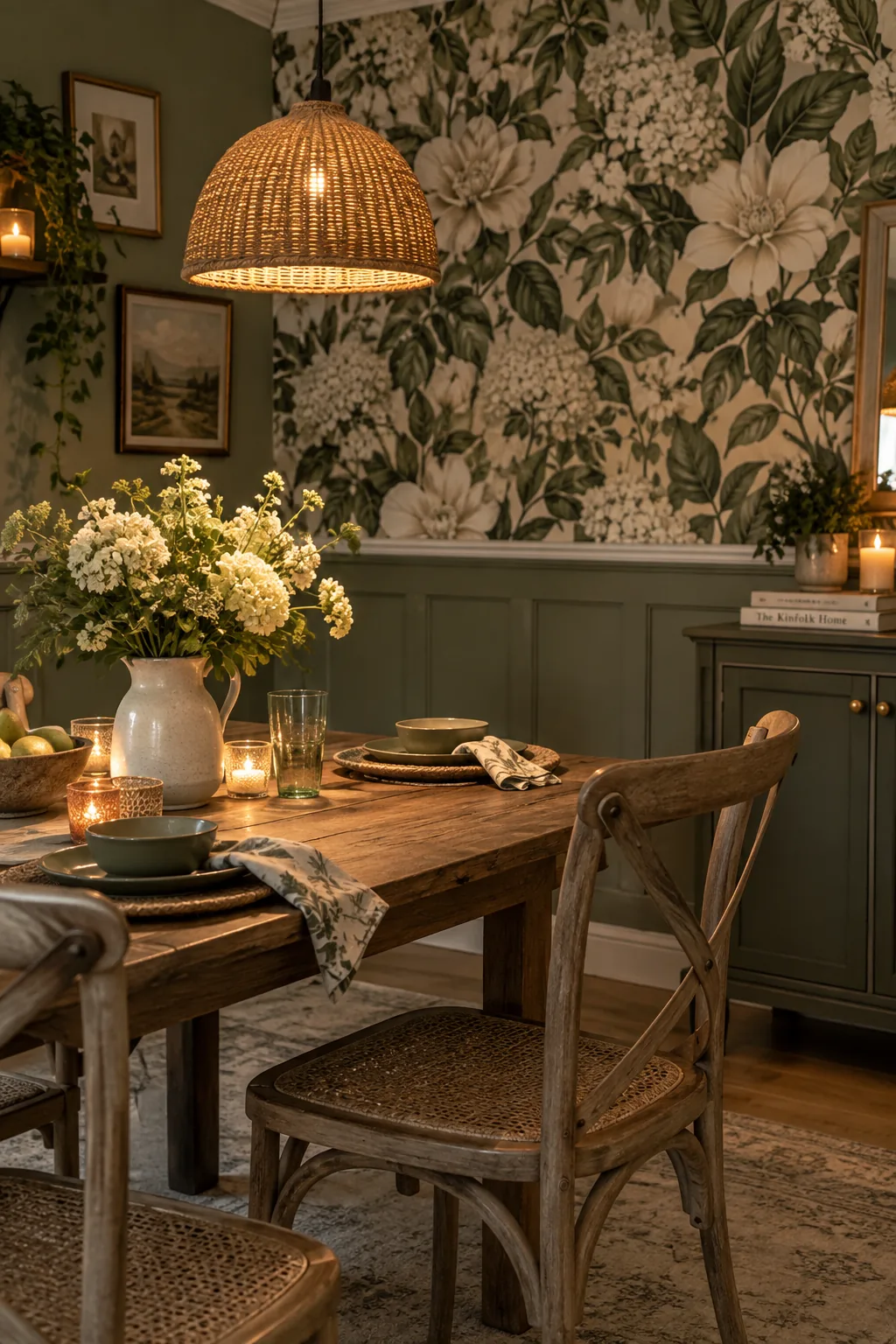 Dining room with sage green wainscoting and floral wallpaper above