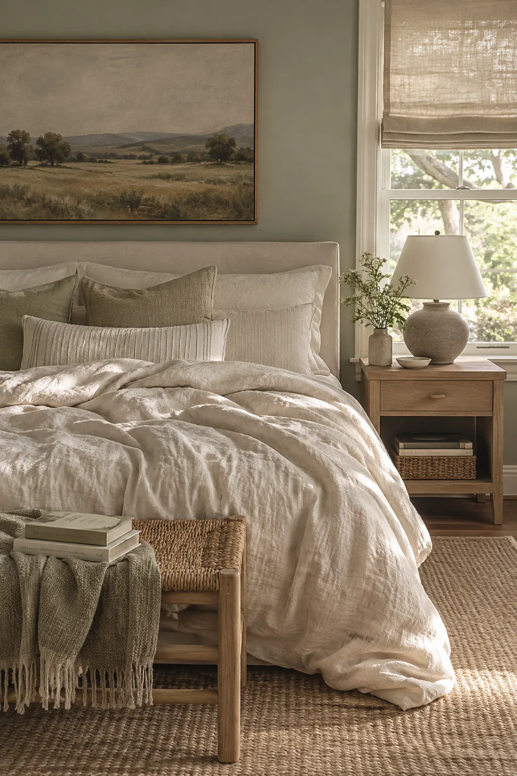 Bed styled with a heavy slubby natural linen duvet against a sage wall