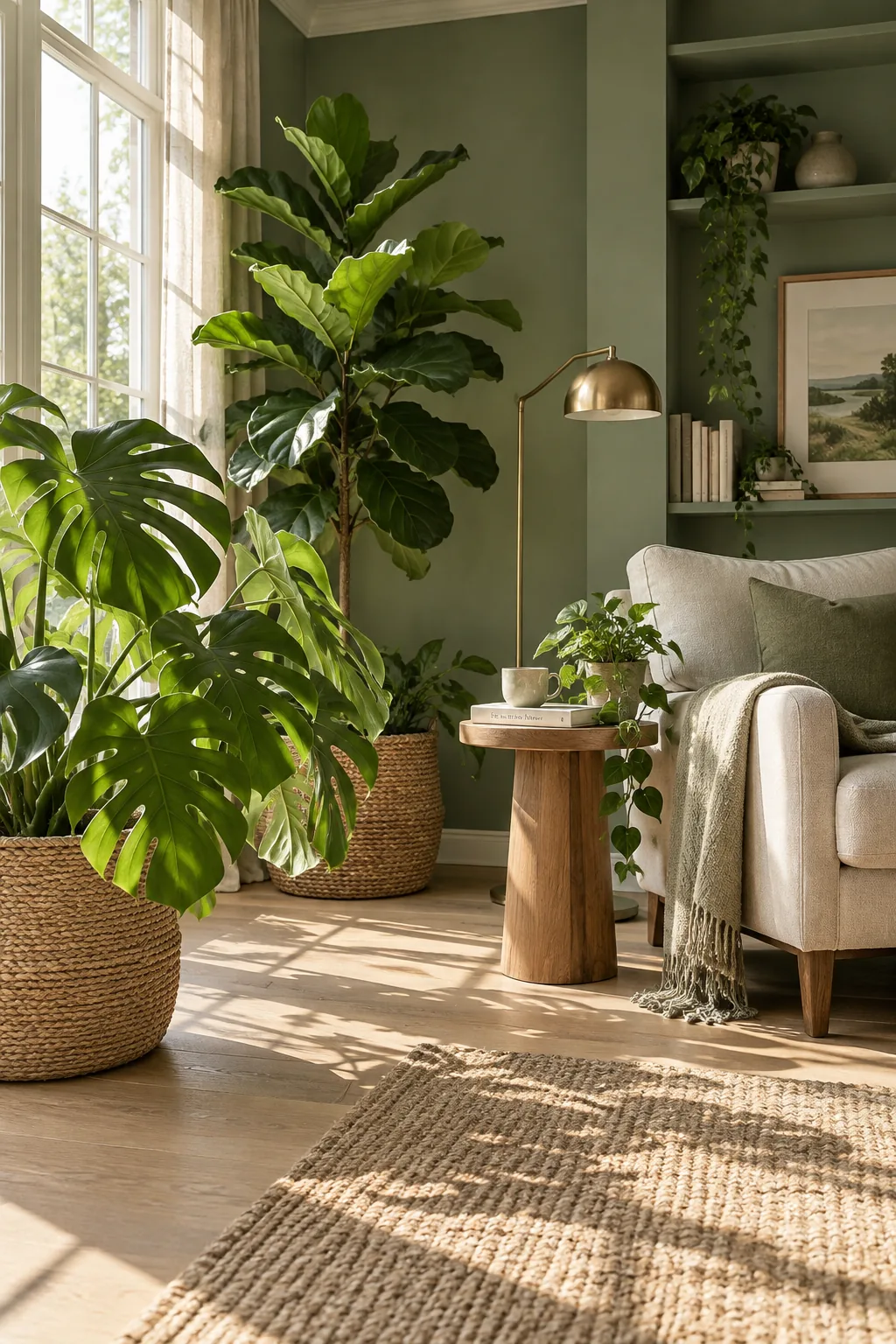Large fiddle leaf fig plant in the corner of a sage green room