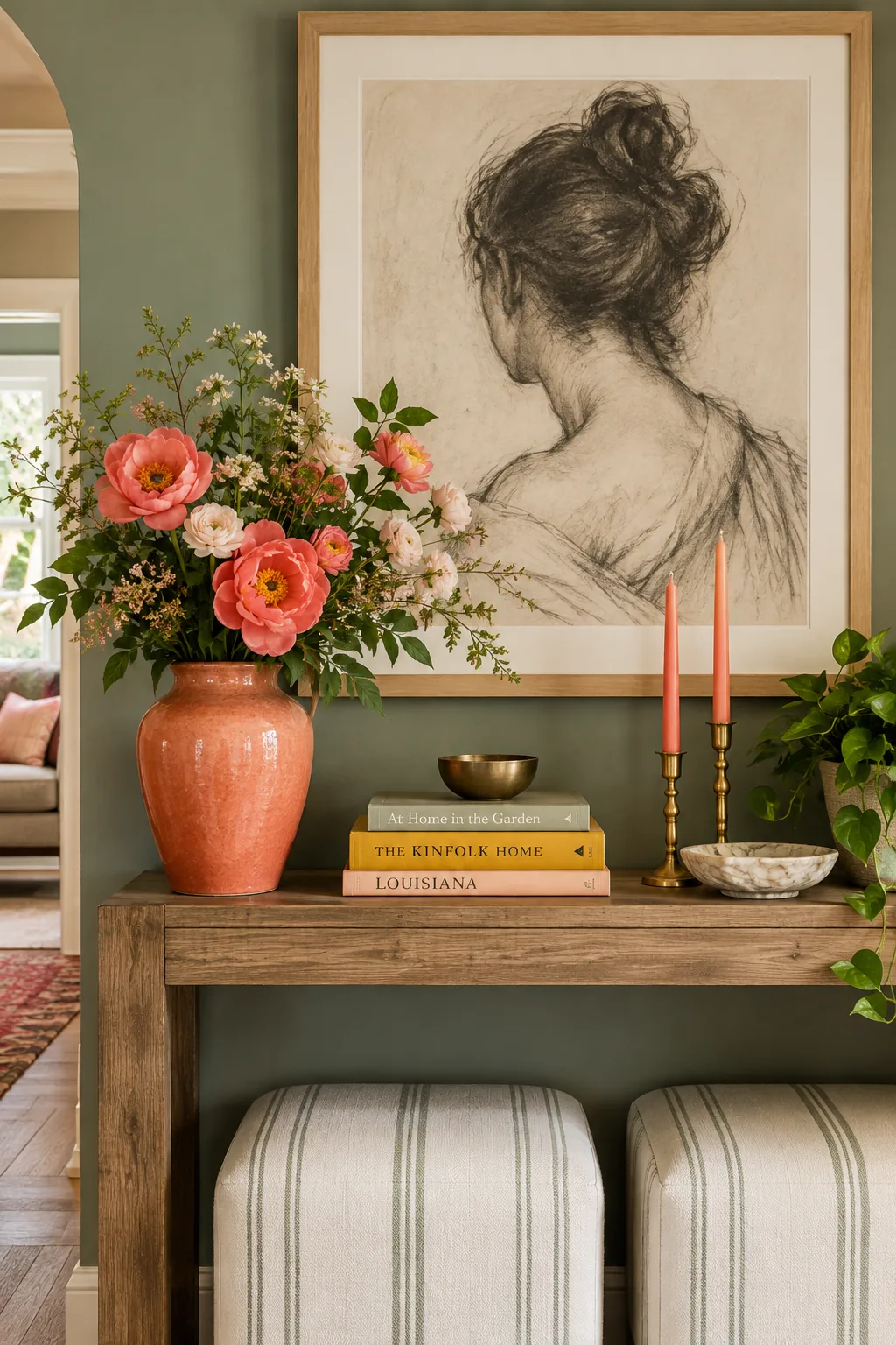 Oversized abstract art in an ash wood frame on a green wall