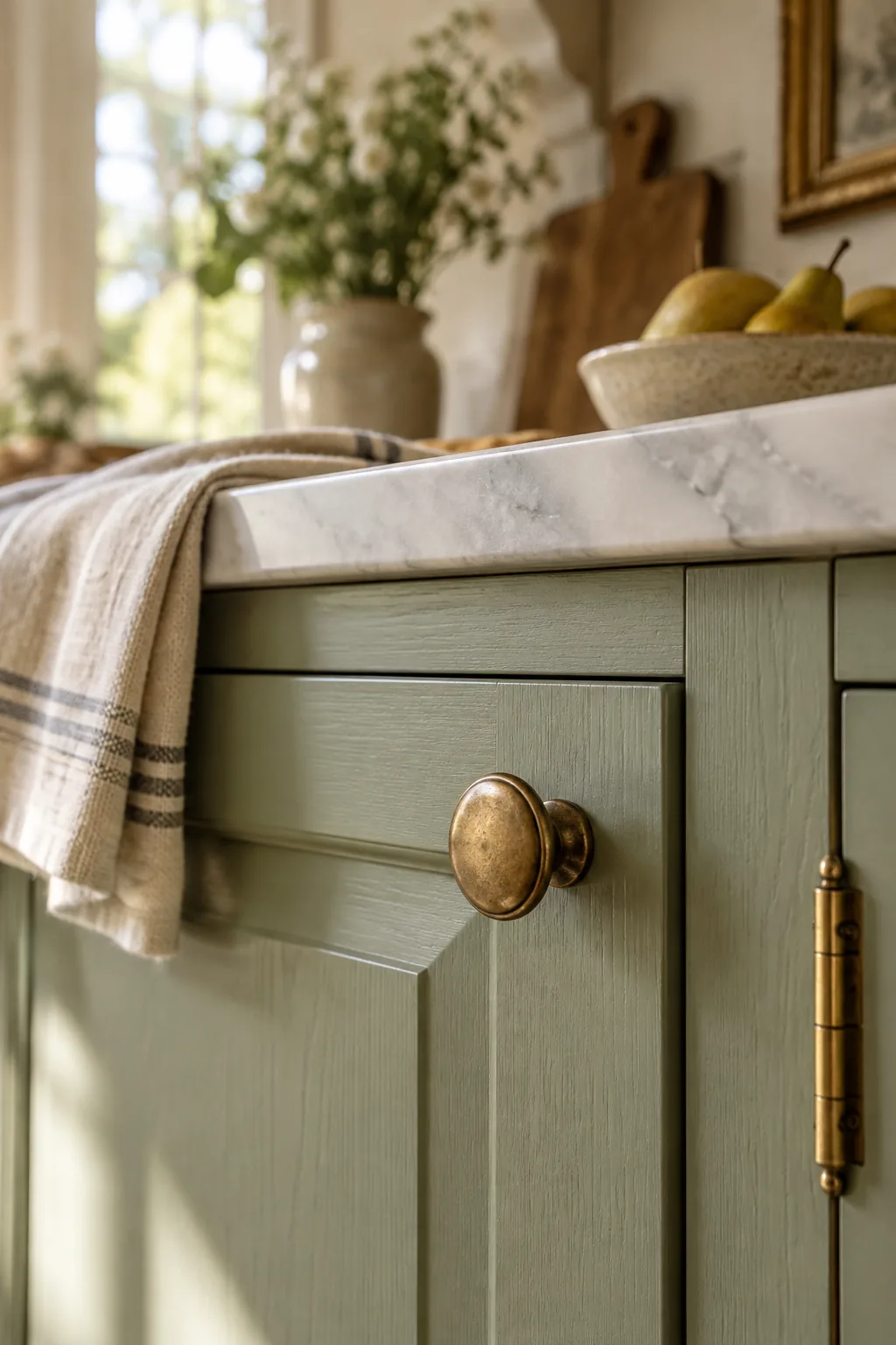 Kitchen cabinets painted sage green with unlacquered brass hardware