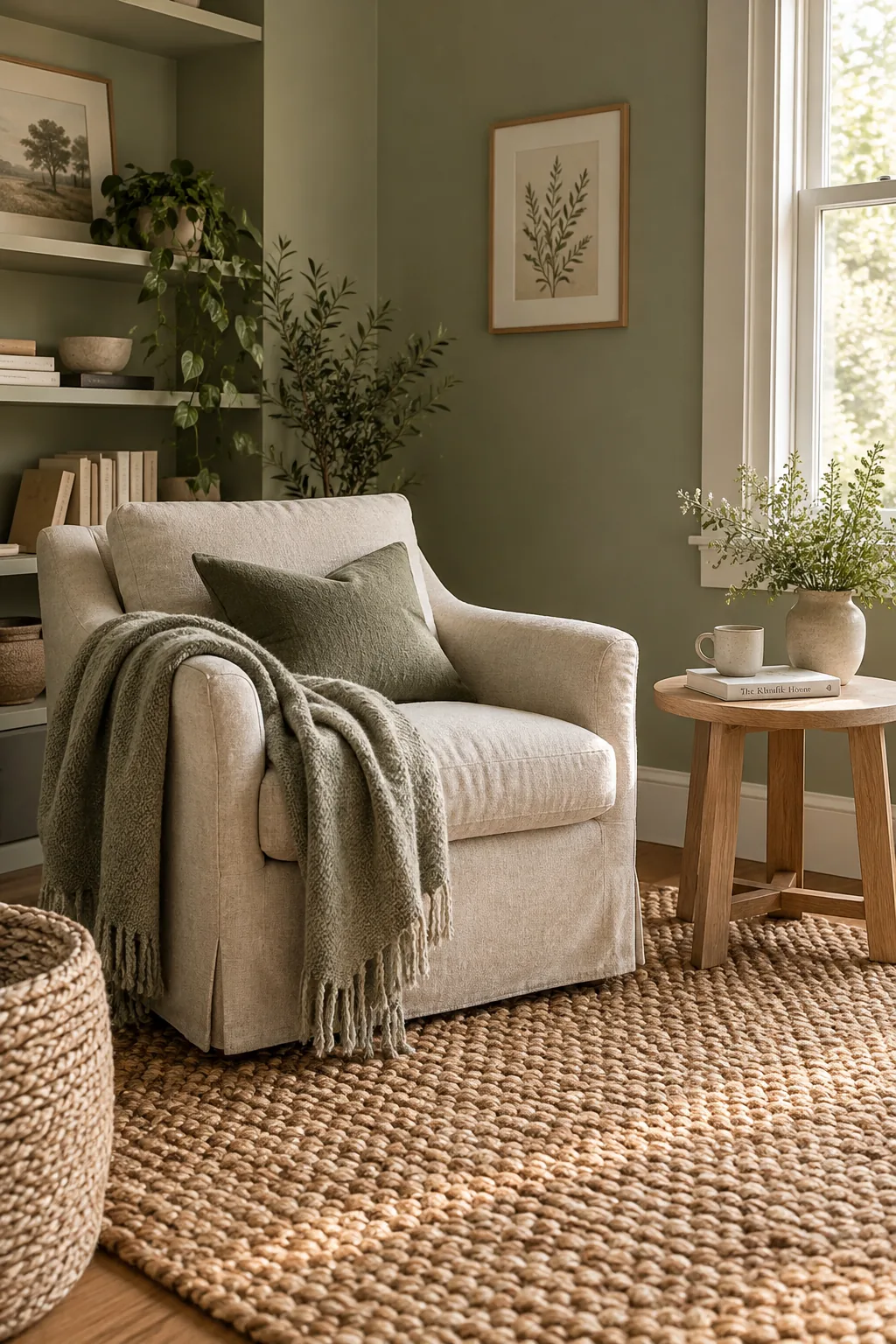 Living room with sage walls and a chunky jute area rug