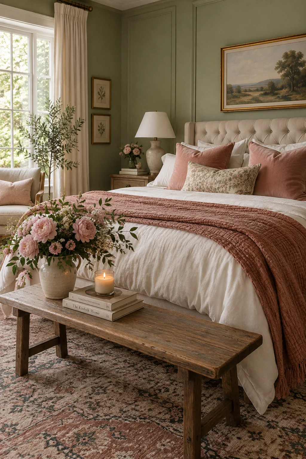 Bedroom with sage green walls and blush velvet throw pillows