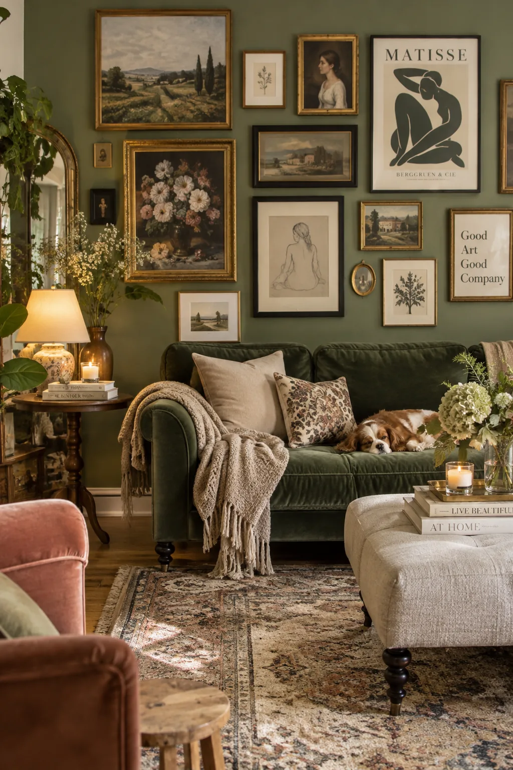 Eclectic gallery wall with mixed gold and black frames on a sage wall