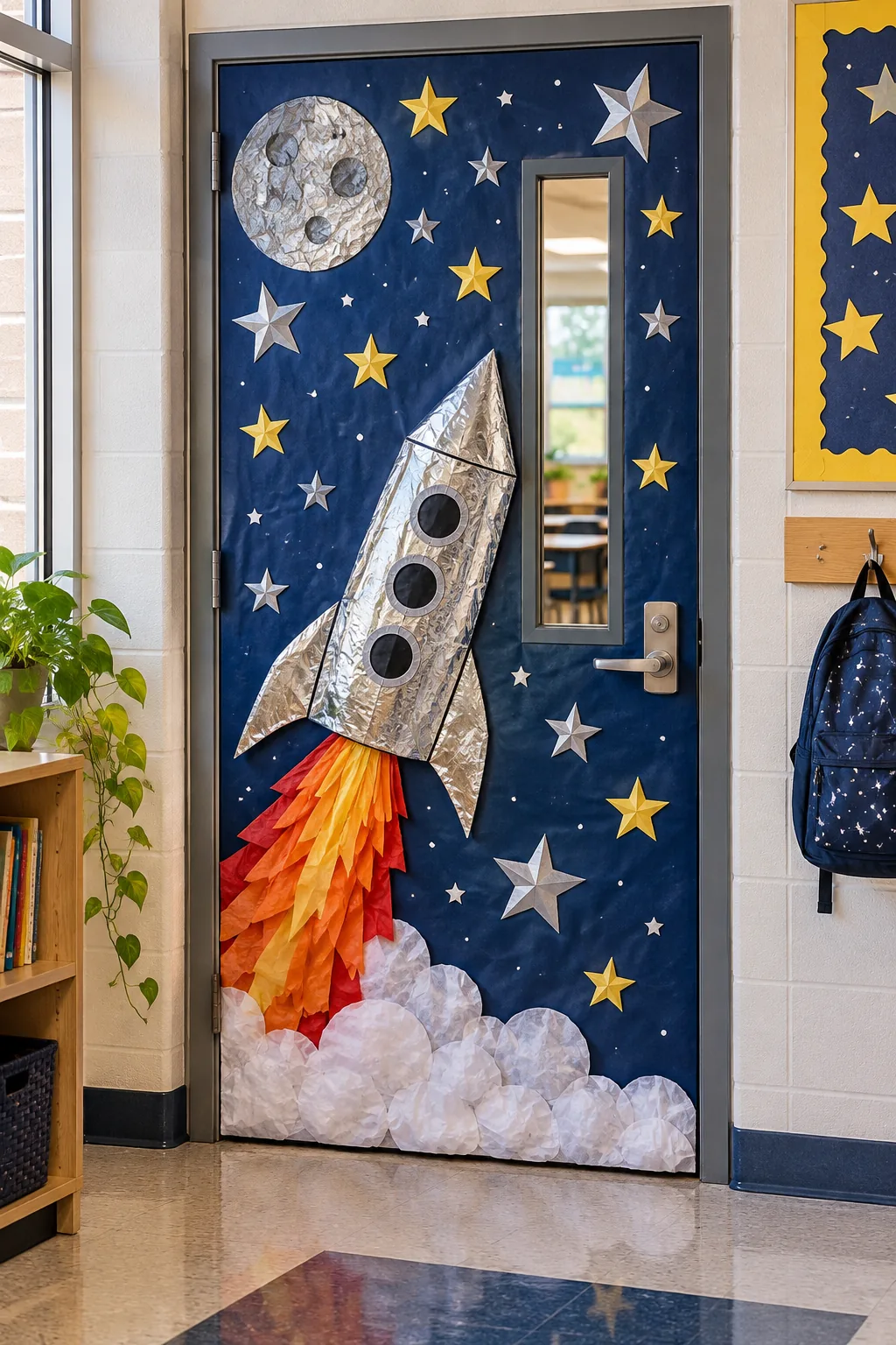 Classroom door decorated like a starry night sky with a silver foil rocket ship and paper stars.