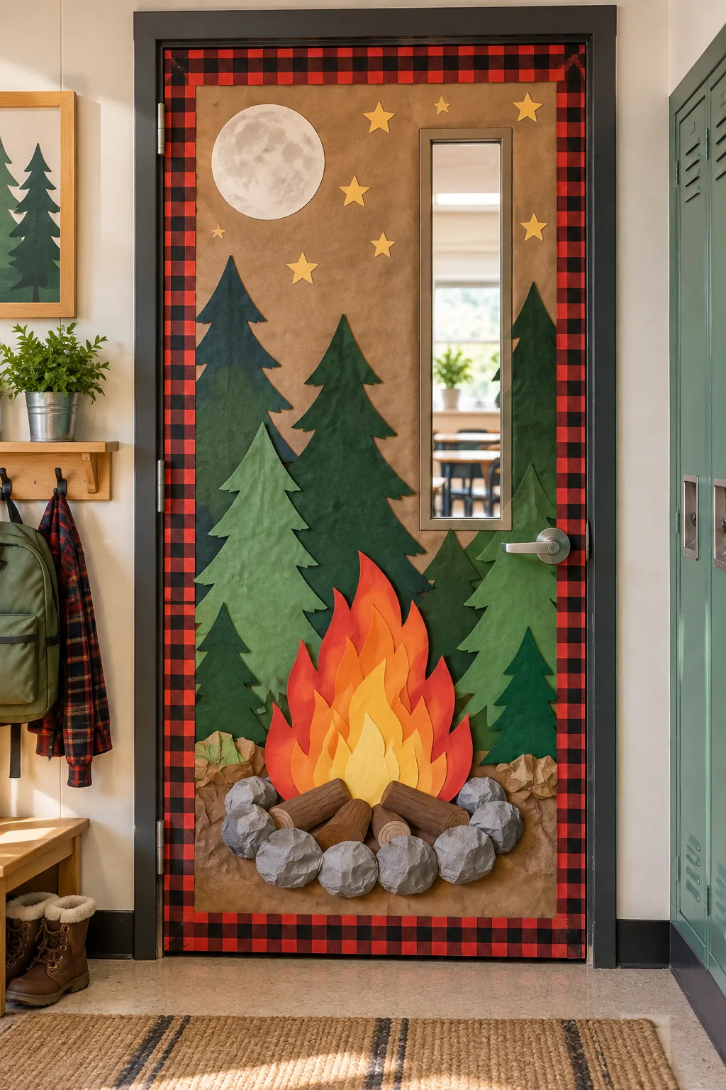 Classroom door featuring a paper campfire, pine trees, and a plaid border.